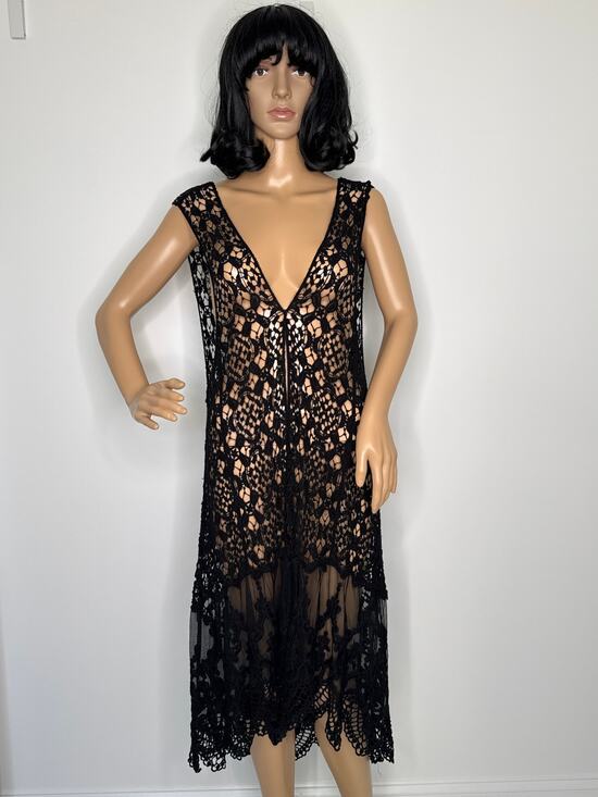 Origami Jackets & Blazers - Crochet and lace sleeveless duster black origami by Vivien cardigan medium large